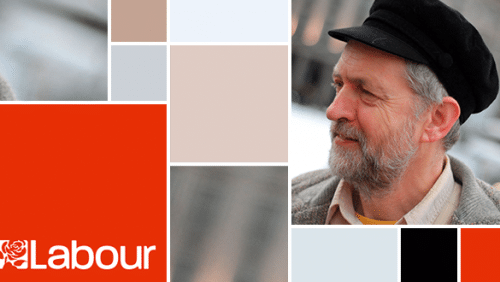 Überraschungskandidat Jeremy Corbyn. Logo: Labour Party, Foto: Wikimedia Commons/David Hunt, Montage: Janice Arpert