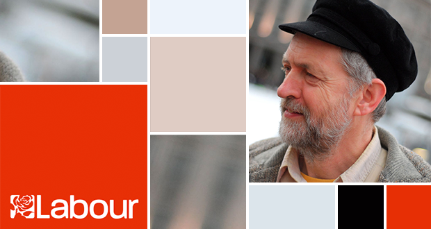 Überraschungskandidat Jeremy Corbyn. Logo: Labour Party, Foto: Wikimedia Commons/David Hunt, Montage: Janice Arpert