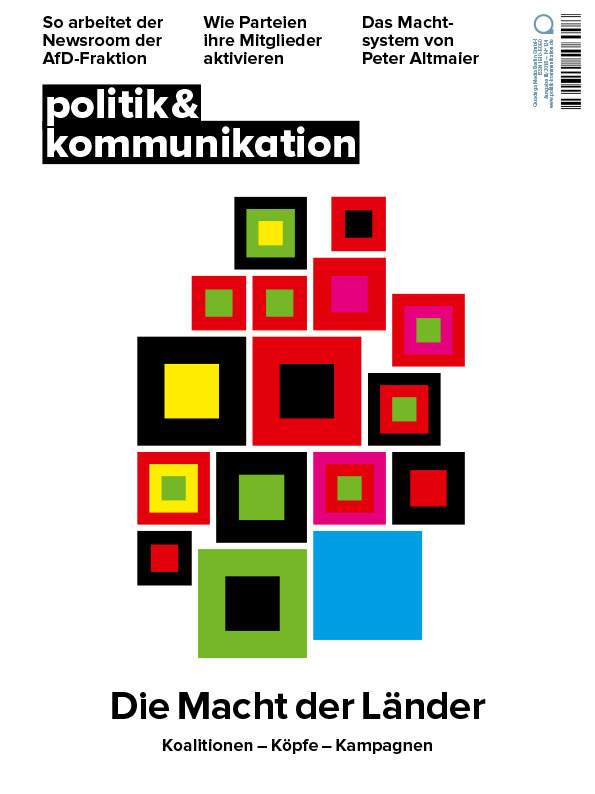 Bunte geometrische Formen auf schwarzem Hintergrund mit dem Titel „Die Macht der Länder“ in weißer Schrift.