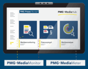 Screenshot eines Tablets mit drei Anwendungen: Medienmonitoring, Pressespiegel und Medienanalyse.