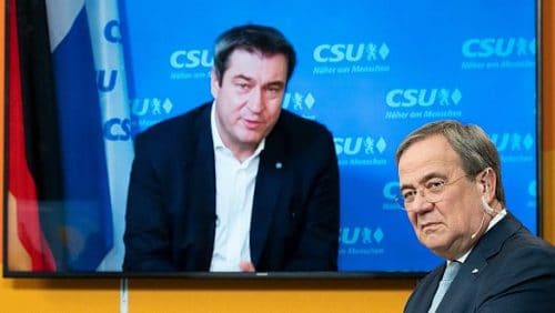 Wer wird Kanzler­kandidat der Union? ­CDU-Chef Armin Laschet oder der CSU-Vorsitzende Markus Söder, hier bei einer Video­s­chalte zum CDU-­Parteitag im ­Januar. (c) picture alliance/dpa/dpa-POOL/Federico Gambarini