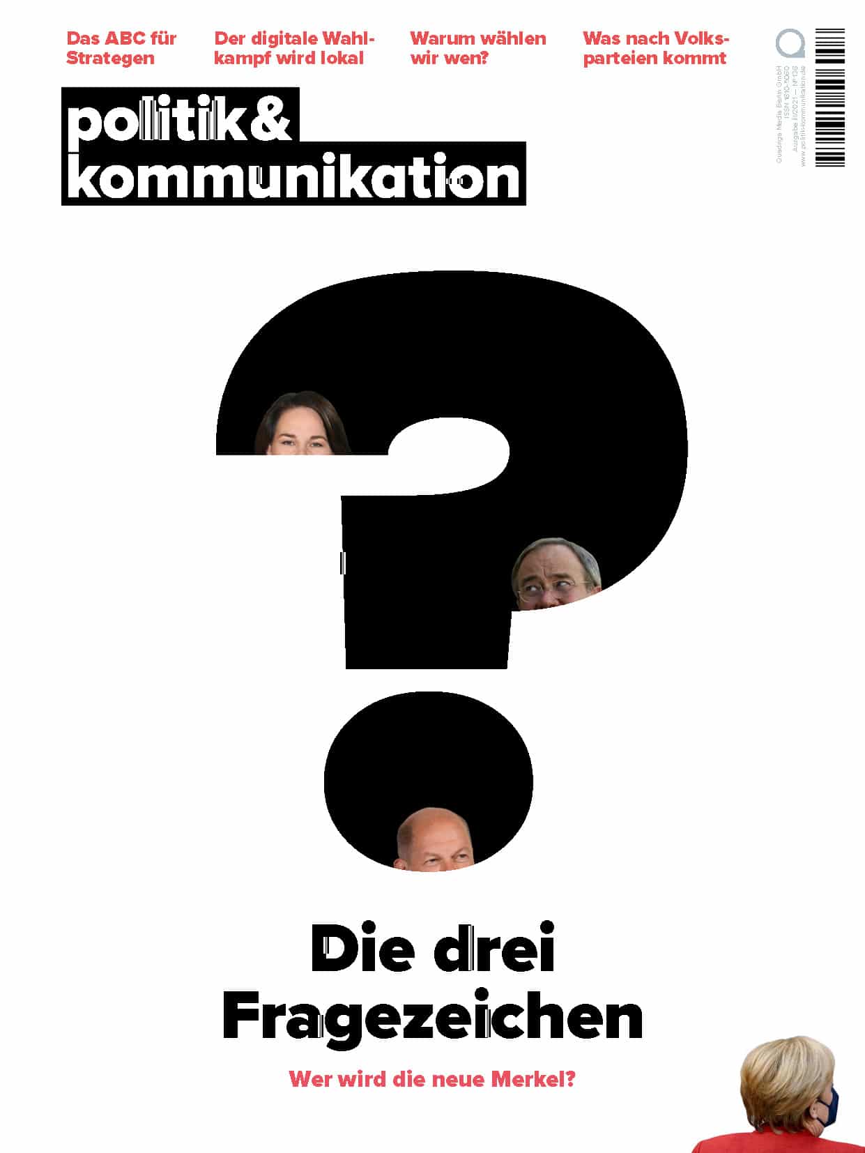 Cover der Zeitschrift "Politik & Kommunikation" mit Fragezeichen und dem Titel "Die drei Fragezeichen – Wer wird die neu...