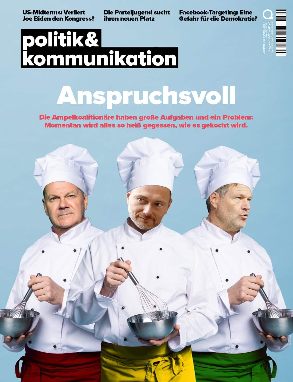 Drei Männer in Kochmützen und -schürzen stehen nebeneinander, mit ernsten Gesichtsausdrücken auf einem Magazincover.