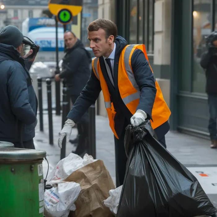 In Frankreich wird protestiert. Jemand ließ die KI ein Bild bauen, in dem Präsident Emmanuel Macron Müll aufsammelt.