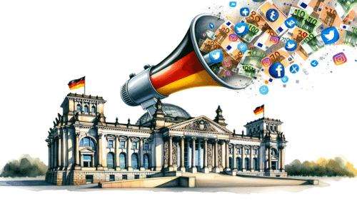 Prompt: "Watercolor painting of the Reichstag building with the inscription 'Dem deutschen Volke' prominently displayed on its facade. Atop the building is a large megaphone painted in the colors of the German national flag. Emerging from the megaphone is a flurry of social media logos, 100-euro bills, and 1000-euro bills, creating a dynamic scene above the landmark."
