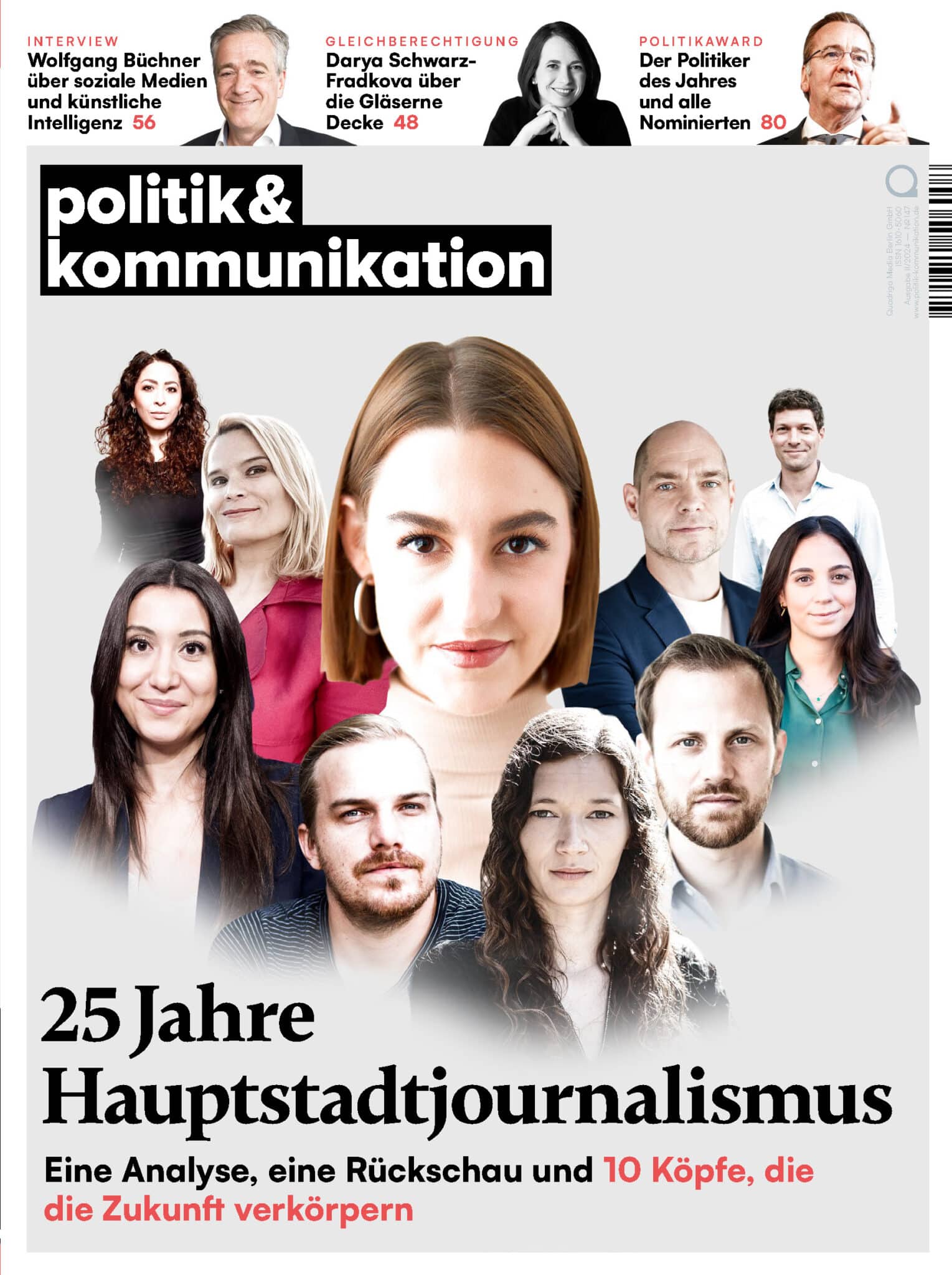 Cover der Zeitschrift "Politik & Kommunikation" mit Porträts von mehreren Personen und dem Titel "25 Jahre Hauptstadtjour...