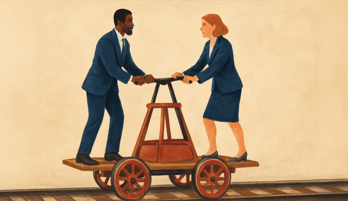 Zwei Personen in Anzügen stehen auf einem Handwagen auf Schienen und lächeln sich an.