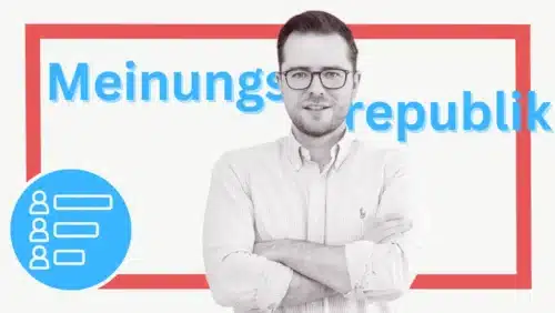 Foto: privat, grafische Gestaltung: Quadriga Media Mann mit Brille und Hemd steht mit verschränkten Armen vor einem grafischen Hintergrund mit Text "Meinungsrepublik".