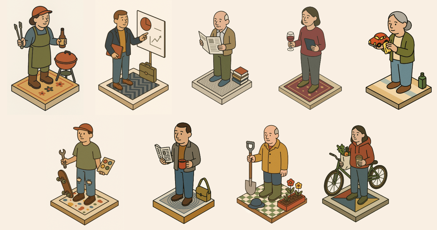 Illustration von neun Figuren in verschiedenen Berufen und Aktivitäten, die auf quadratischen Plattformen stehen.
