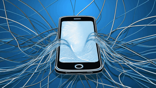 Grafik eines Smartphones mit Wellenlinien, die aus dem Bildschirm strömen, vor einem blauen Hintergrund.