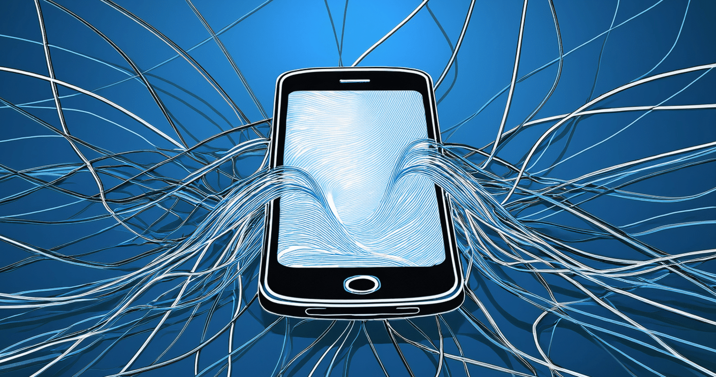 Grafik eines Smartphones mit Wellenlinien, die aus dem Bildschirm strömen, vor einem blauen Hintergrund.