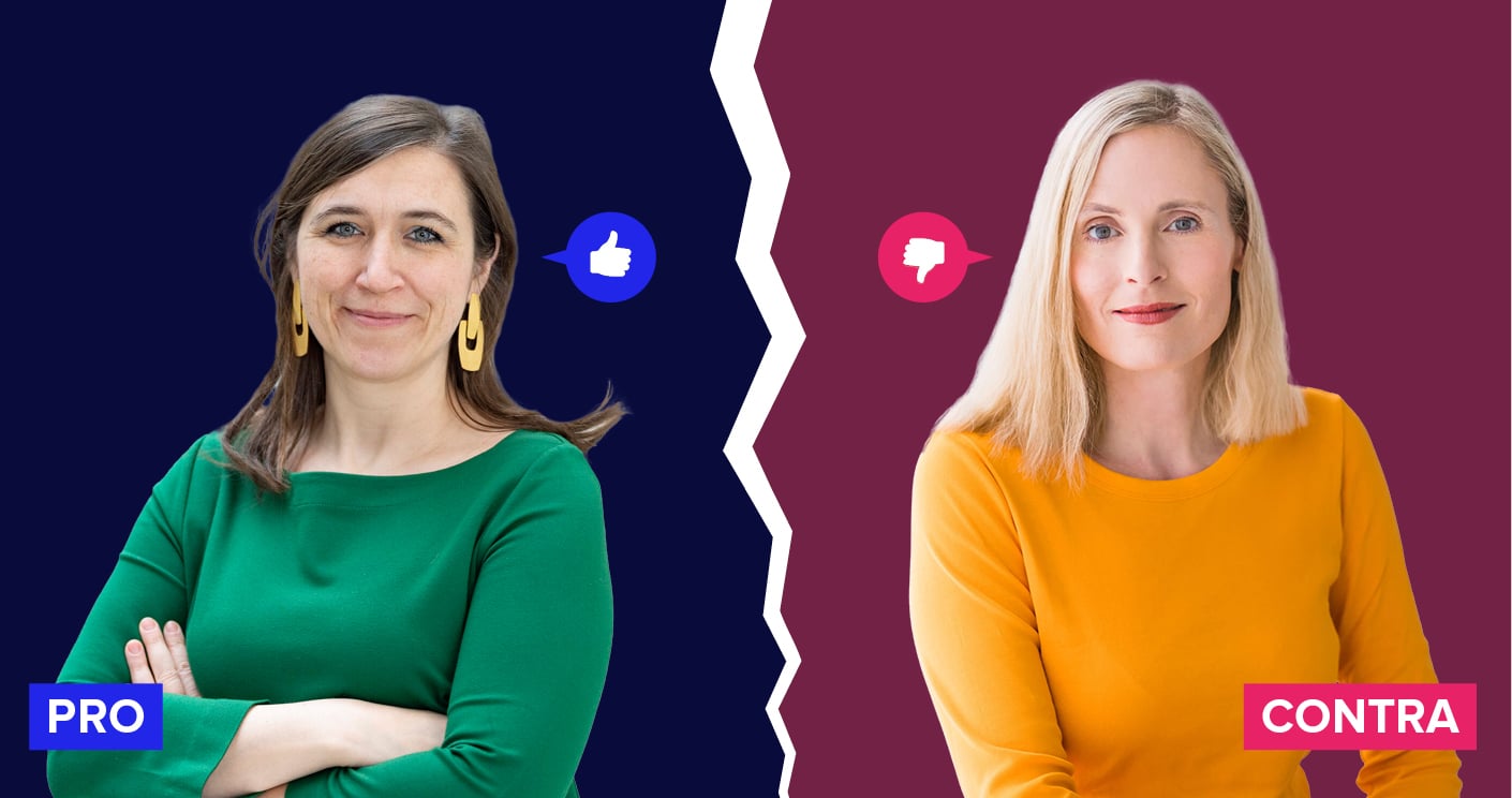 Zwei Frauen in unterschiedlichen Outfits stehen gegenüber, eine mit "PRO" und die andere mit "CONTRA" beschriftet.