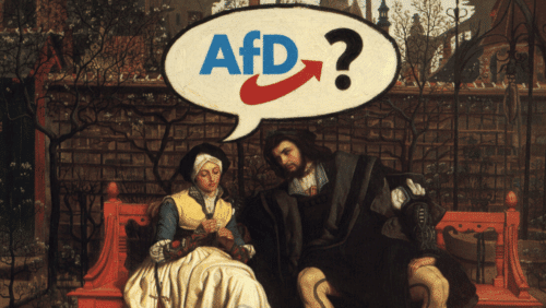 Historisches Gemälde mit zwei Personen auf einer Bank, überlagert von einem Sprechblasen-Logo der AfD.