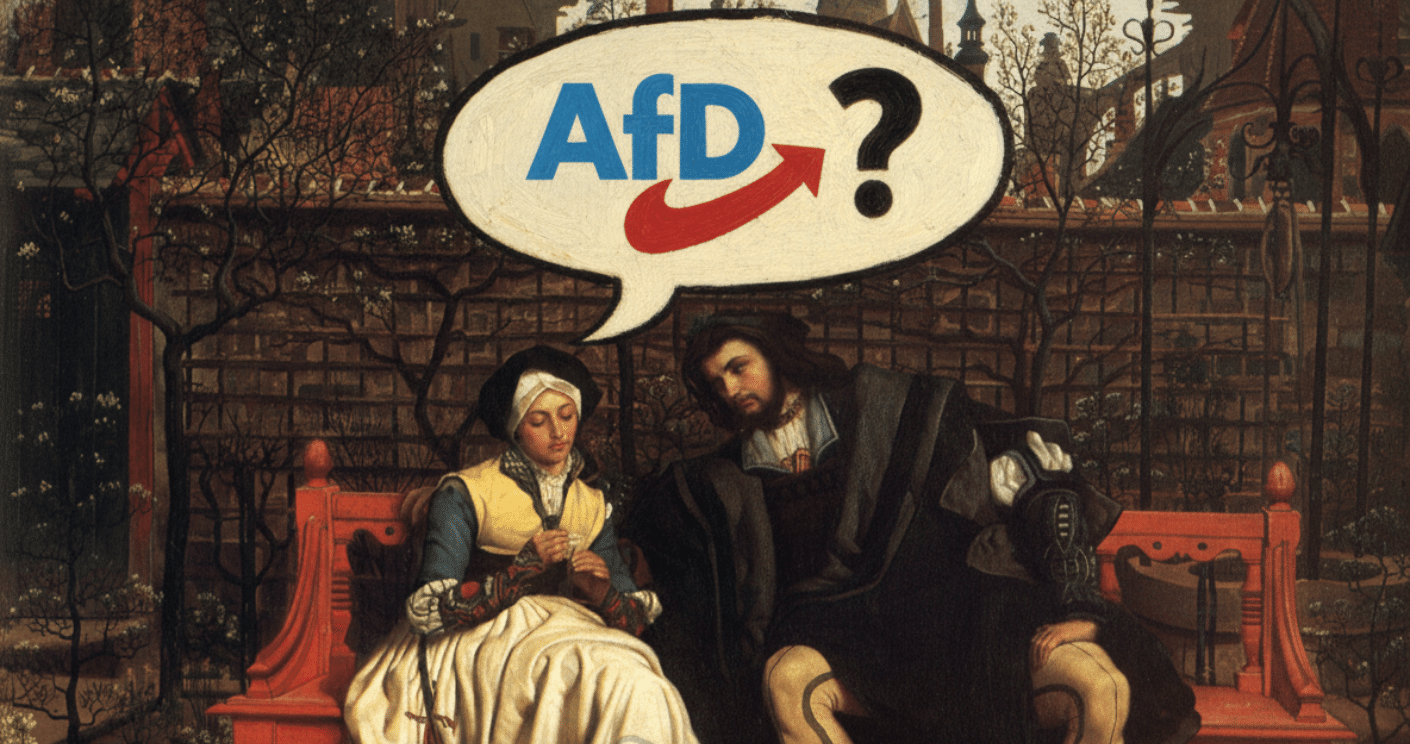 Historisches Gemälde mit zwei Personen auf einer Bank, überlagert von einem Sprechblasen-Logo der AfD.