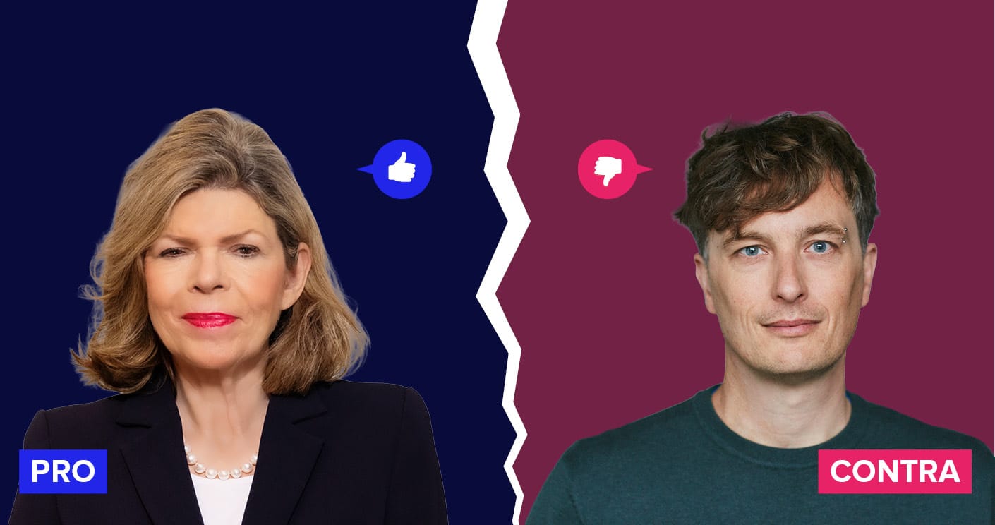 Zwei Personen stehen sich gegenüber, eine Frau mit Daumen hoch und ein Mann mit Daumen runter, auf farbigen Hintergründen.