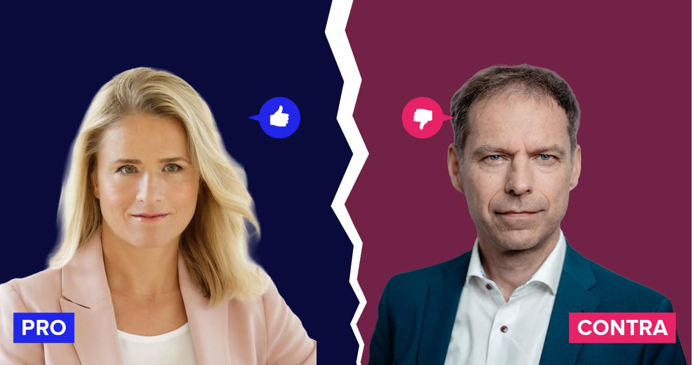 Zwei Personen stehen sich gegenüber, eine mit Daumen hoch (PRO) und eine mit Daumen runter (CONTRA), auf farbigen Hinterg...