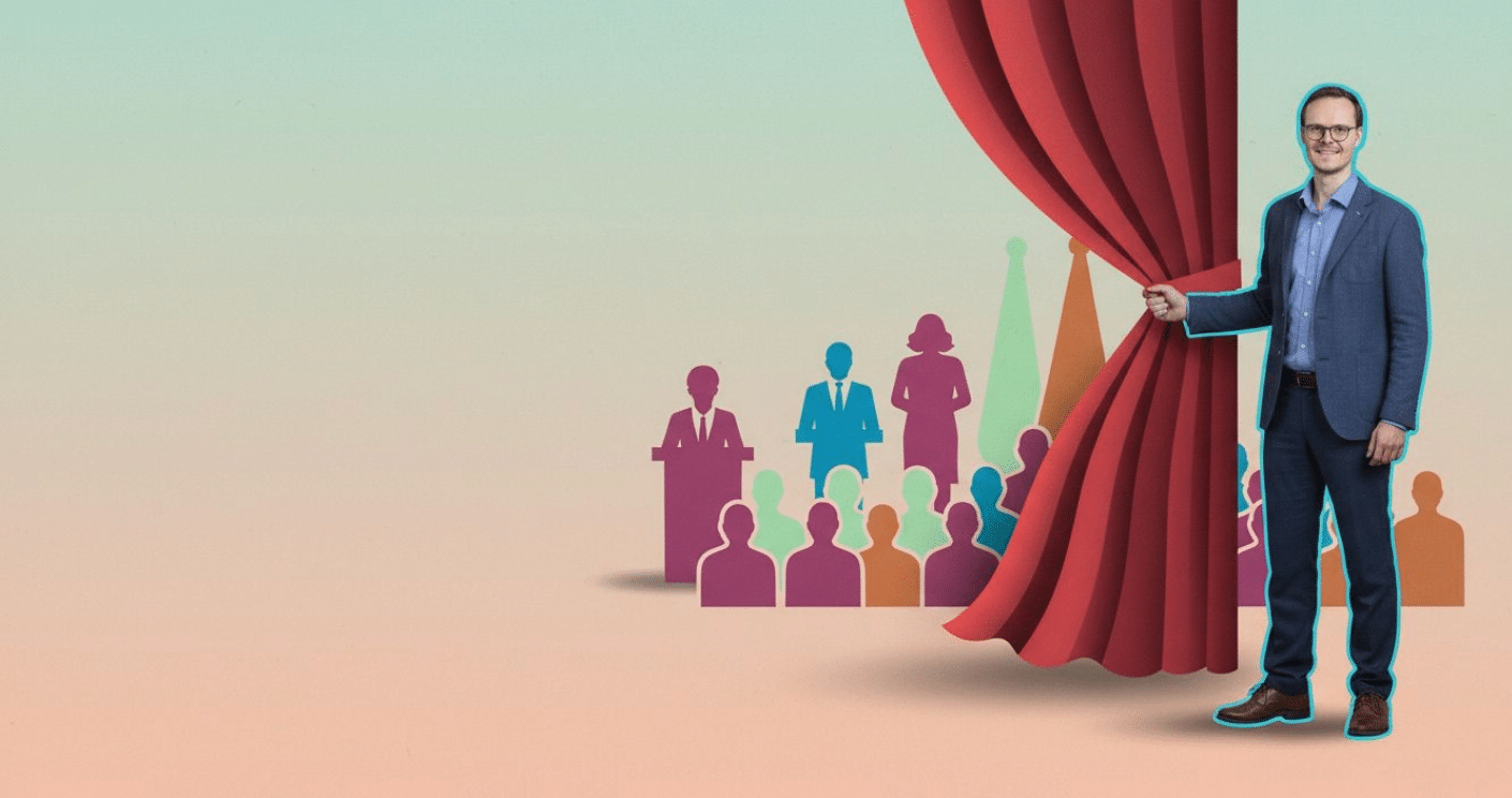 Mann in Anzug zieht rote Vorhänge auf, im Hintergrund stilisierte Silhouetten von Menschen und Figuren.