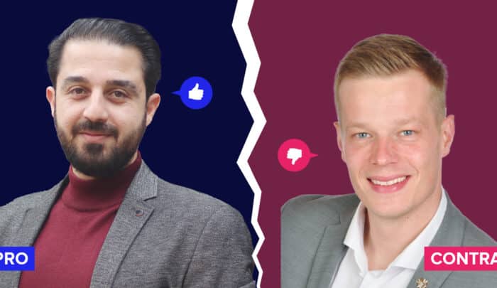 Zwei Männer in Anzügen, einer mit Daumen hoch (PRO), der andere mit Daumen runter (CONTRA), auf geteiltem Hintergrund.