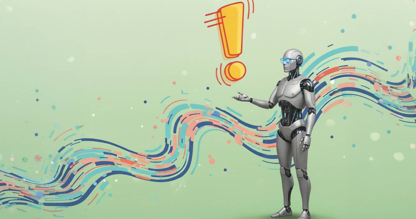 Roboter mit Brille steht vor einem grünen Hintergrund, umgeben von bunten, geschwungenen Linien und einem Ausrufezeichen.
