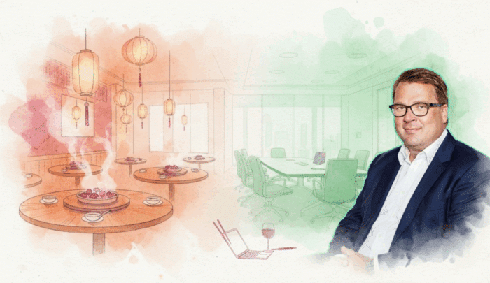 Illustration eines Restaurants mit dampfenden Gerichten und einem Konferenzraum, daneben ein Mann in Anzug.