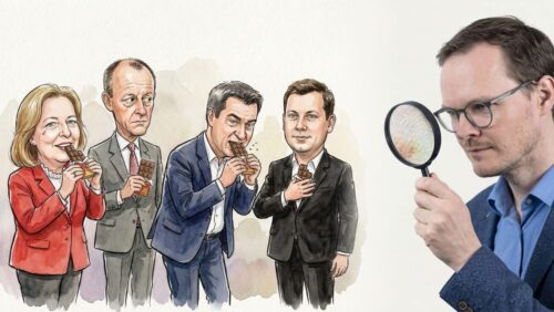 Foto: KI-generiert mit Nano Banana Pro Karikatur von vier Politikern mit Getränken, während ein Mann mit Lupe sie aufmerksam betrachtet.