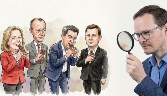 Karikatur von vier Politikern mit Getränken, während ein Mann mit Lupe sie aufmerksam betrachtet.