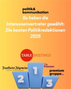 Grafik mit den besten Politikredaktionen 2025: Platz 1, 2, 3 mit Logos von Frankfurter Allgemeine, The Pioneer und premium...