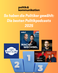 Grafik mit Podest und den besten Politikpodcasts 2025: Platz 1, 2, 3 mit Logos und Titel der Podcasts.