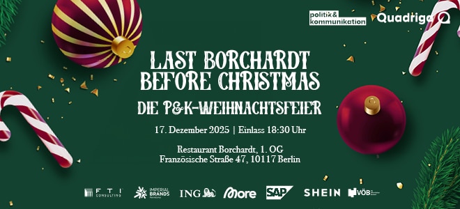 Banner für die Veranstaltung "Last Borchardt before Christmas" mit Weihnachtsdekoration und Informationen zur Feier.