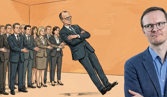 Illustration von Friedrich Merz, der skeptisch wirkt, umgeben von einer Gruppe von Personen in Anzügen.