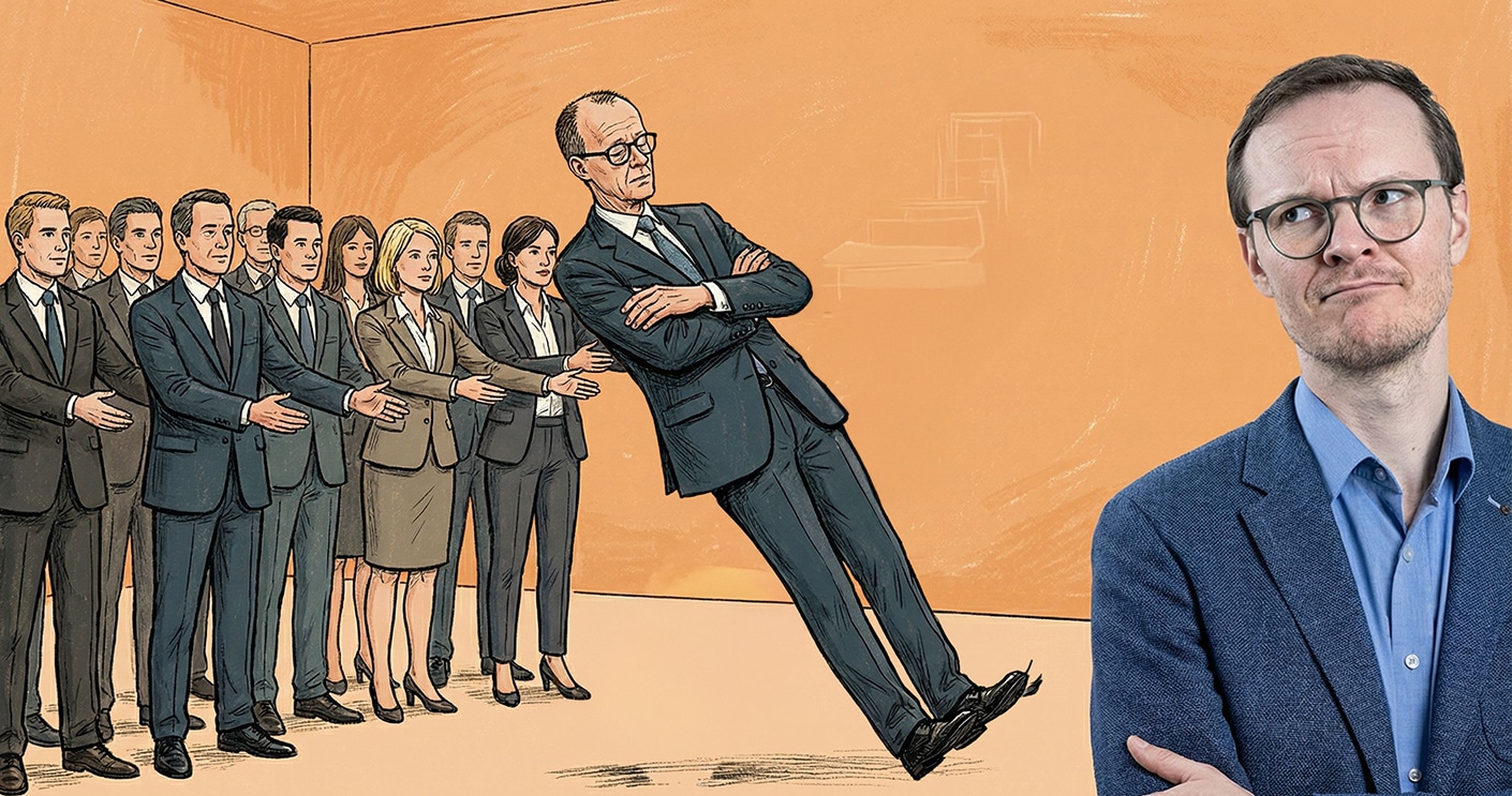 Illustration von Friedrich Merz, der skeptisch wirkt, umgeben von einer Gruppe von Personen in Anzügen.