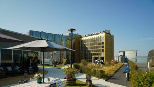 Die Dachterrasse des Springer-Neubaus: Hier grillte Jan Philipp Burgard für ein Format des TV-Senders mit Politikern. Foto: Axel Springer Dachterrasse mit Sitzgelegenheiten, Sonnenschirmen und Pflanzen, umgeben von modernen Gebäuden unter blauem Himmel.