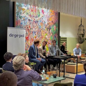 Podiumsdiskussion mit mehreren Sprechern vor einer bunten Wandmalerei in einem Café, Publikum sitzt am Tisch.
