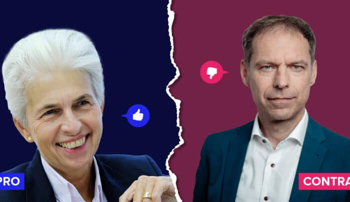 Zwei Personen, eine lächelnde Frau links mit Daumen hoch, ein Mann rechts mit neutralem Gesichtsausdruck und Daumen runter.