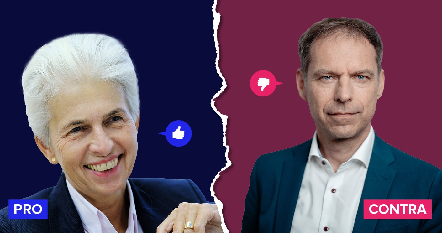 Zwei Personen, eine lächelnde Frau links mit Daumen hoch, ein Mann rechts mit neutralem Gesichtsausdruck und Daumen runter.