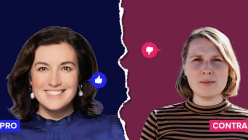 Zwei Frauenporträts, eine lächelnd mit Daumen hoch, die andere ernst mit Daumen runter, auf kontrastierenden Hintergrün...