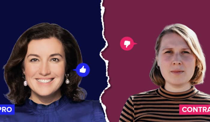 Zwei Frauenporträts, eine lächelnd mit Daumen hoch, die andere ernst mit Daumen runter, auf kontrastierenden Hintergrün...