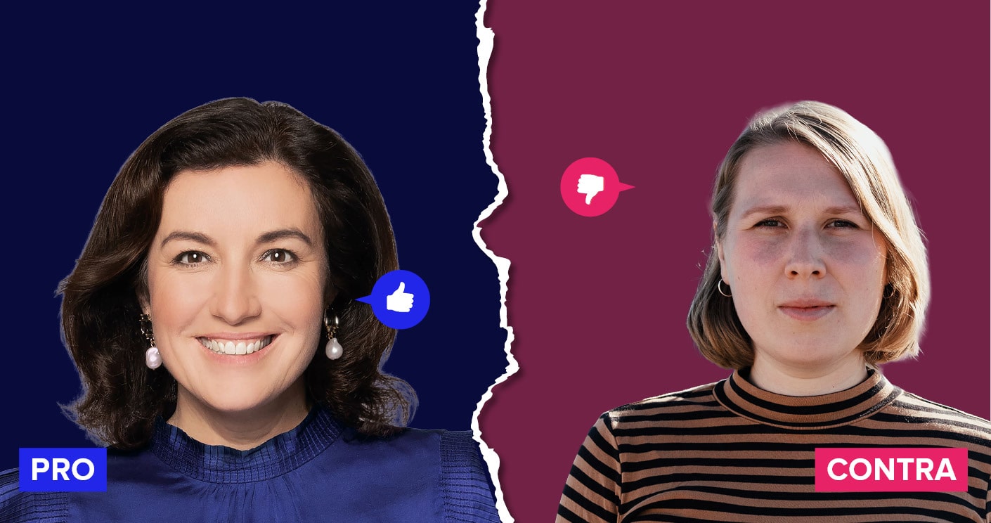 Zwei Frauenporträts, eine lächelnd mit Daumen hoch, die andere ernst mit Daumen runter, auf kontrastierenden Hintergrün...