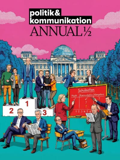 Illustration mit Personen in einem Park, die an einem Schultafel stehen, vor einem historischen Gebäude. Titel: "politk &...