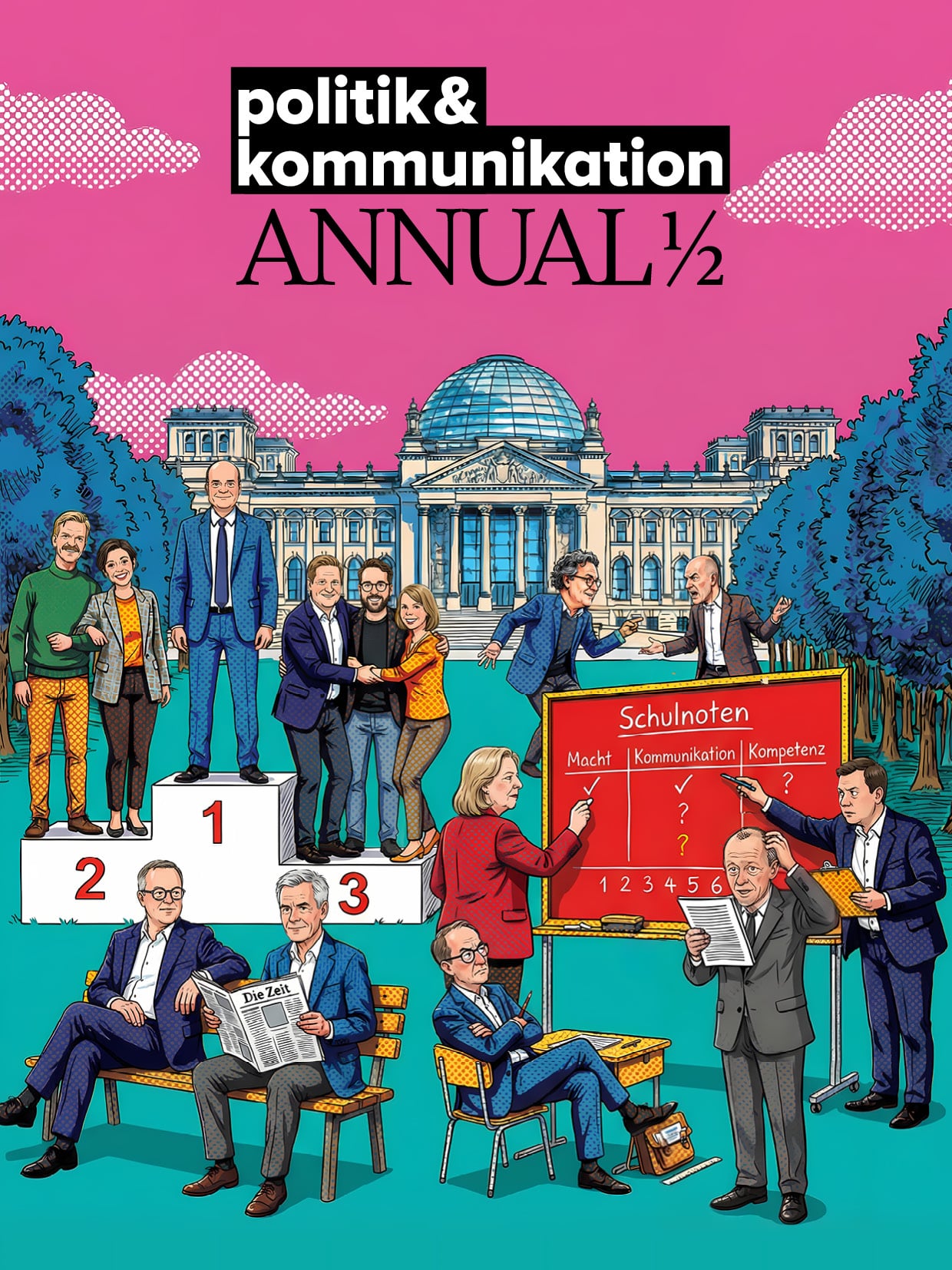 Illustration mit Personen in einem Park, die an einem Schultafel stehen, vor einem historischen Gebäude. Titel: "politk &...