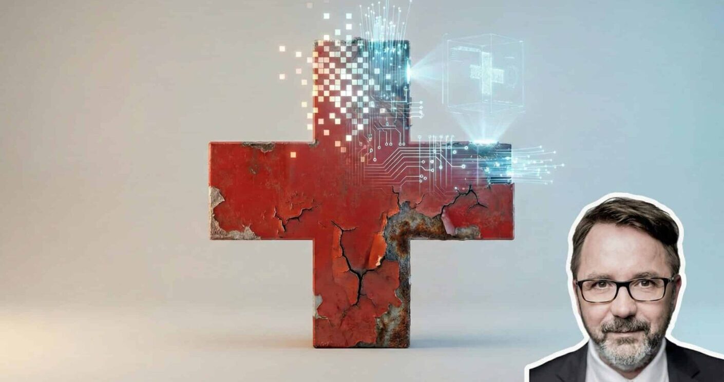 Rostiger roter Kreuzsymbol mit digitalen Elementen und einem Porträt eines Mannes im Vordergrund.