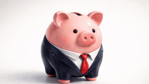 Bild KI-generiert mit ChatGPT Image 1.5 Ein Sparschwein in Anzug und Krawatte, rosa mit schwarzen Anzugdetails und roter Krawatte, steht auf einem hellen Hintergr...