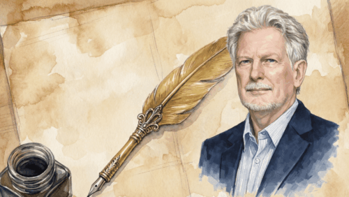 Foto: Moritz Vennemann Porträt eines Mannes mit grauen Haaren neben einer goldenen Feder und Tinte auf einem alten Papierhintergrund.