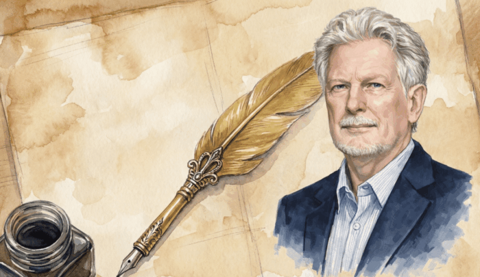 Porträt eines Mannes mit grauen Haaren neben einer goldenen Feder und Tinte auf einem alten Papierhintergrund.