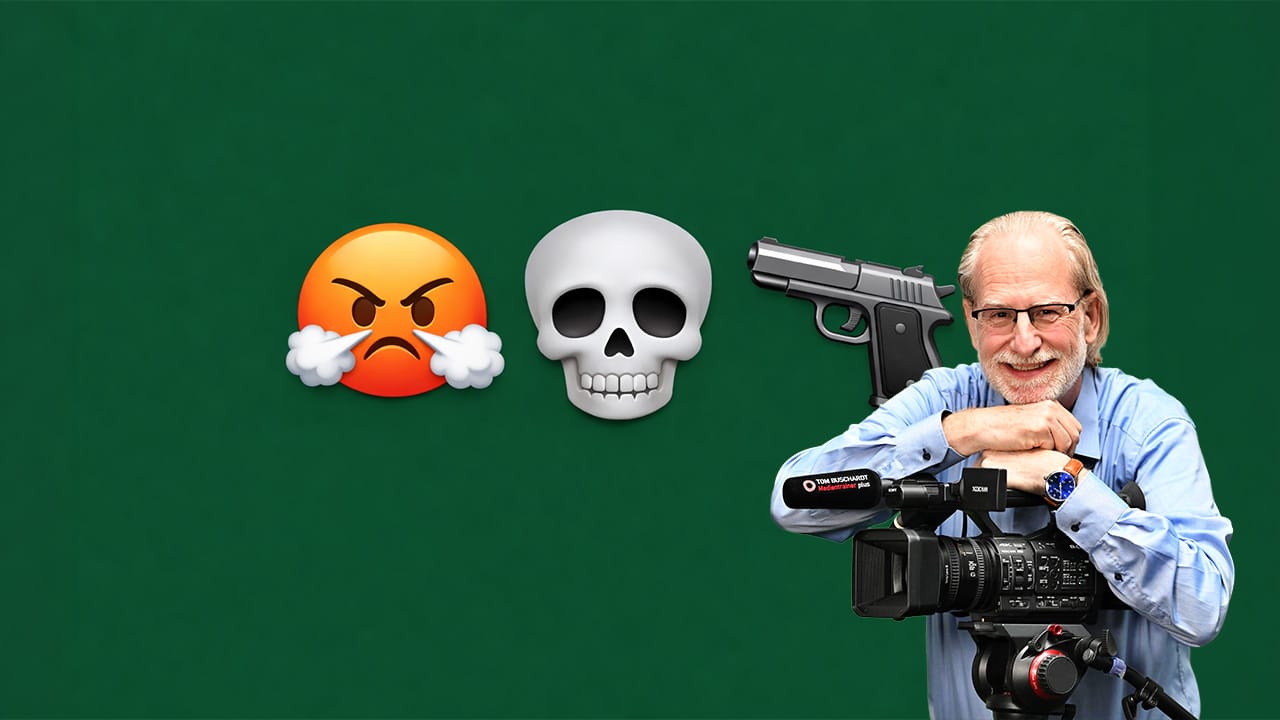 Ein wütendes Emoji, ein Totenkopf und eine Pistole neben einem lächelnden Mann mit einer Kamera auf grünem Hintergrund.