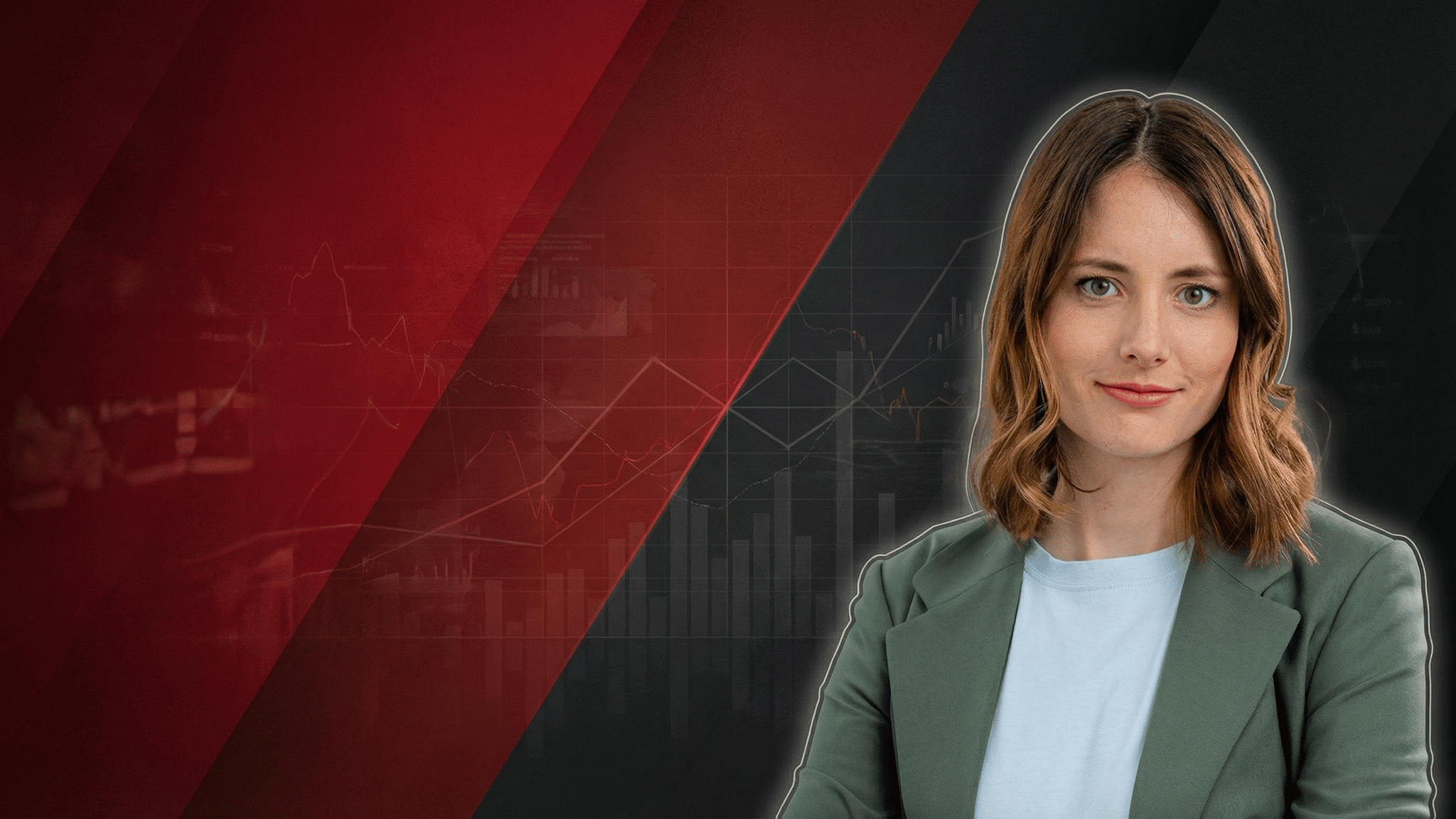 Frau mit schulterlangen Haaren in einem grauen Blazer vor einem grafischen Hintergrund in Rot- und Schwarztönen.