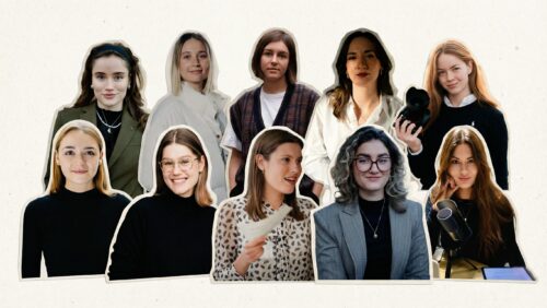 Zehn junge Frauen, die als politische Kommunikatorinnen hervorgehoben werden, in einem kreativen Collage-Layout.
