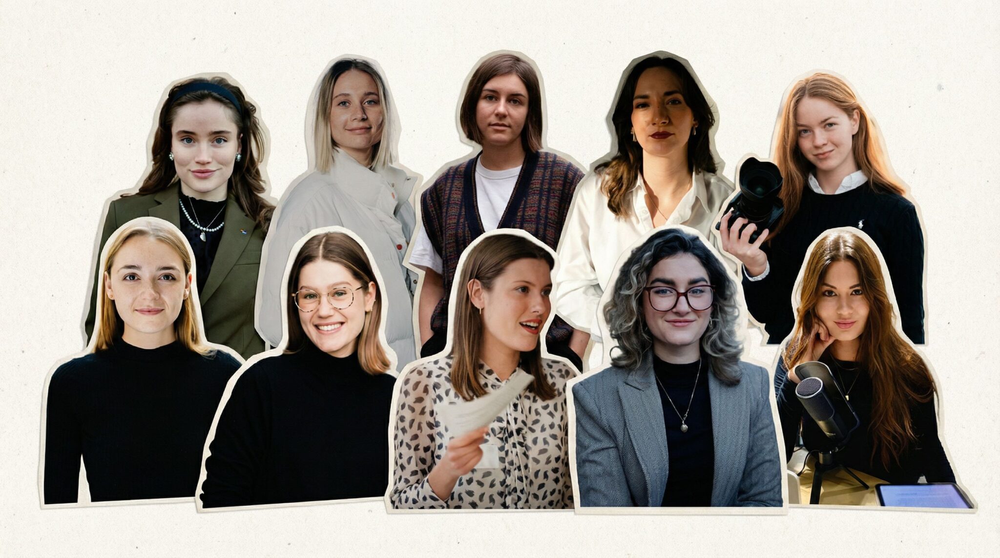 Zehn junge Frauen, die als politische Kommunikatorinnen hervorgehoben werden, in einem kreativen Collage-Layout.