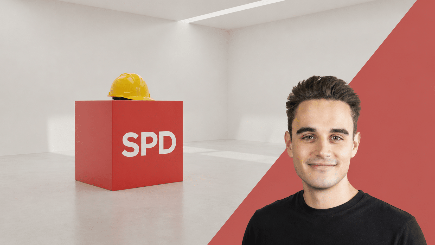 Junger Mann in schwarzem Shirt neben rotem Würfel mit SPD-Logo und gelbem Helm in einem hellen Raum.