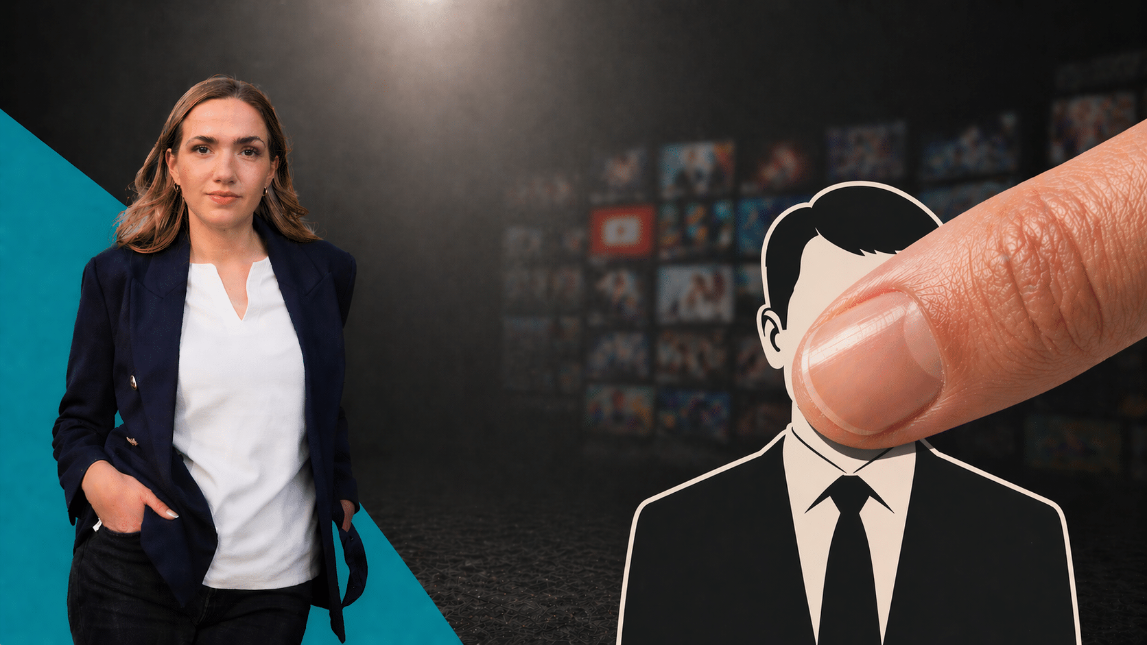 Frau in Blazer steht links, rechts ein Finger zeigt auf eine stilisierte Figur in Anzug vor einem Hintergrund mit Bildschi...